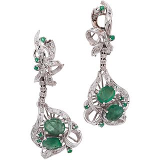 PAIR OF EARRINGS WITH EMERALDS AND DIAMONDS IN PALLADIUM SILVER Weight: 11.8 g. Size: 0.7 x 1.8" (1.8 x 4.6 cm)