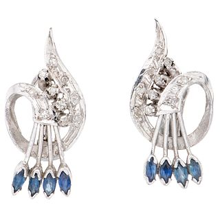 PAIR OF EARRINGS WITH SAPPHIRES AND DIAMONDS IN PALLADIUM SILVER Weight: 7.5 g. Size: 1.1 x 0.5" (2.8 x 1.3 cm)