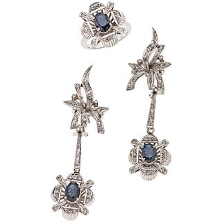 SET OF RING AND PAIR OF EARRINGS WITH SAPPHIRES AND DIAMONDS IN PALLADIUM SILVER Ring size: 6 post earrings