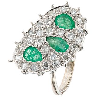 RING WITH EMERALDS AND DIAMONDS IN PALLADIUM SILVER Weight: 5.4 g. Size: 7 ¾ 3 Pear Cut Emeralds ~ 1.35 ct 25 ...