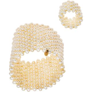 CULTIVATED PEARL BRACELET WITH 18K YELLOW GOLD EARRING FROM THE TOUS FIRM AND CULTIVATED PEARL RING