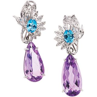 PAIR OF EARRINGS WITH AMETHYSTS, TOPAZ AND DIAMONDS IN PALLADIUM SILVER Weight: 12.0 g. Size: 0.59 x 1.6" (1.5 x 4.3 cm)
