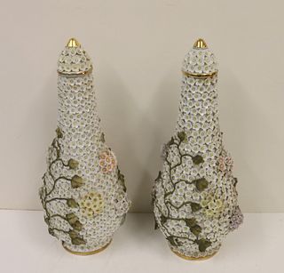 2 Meissen Style Porcelain Snowballen Lidded Urns