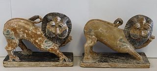 Antique Pair Of Carved Wood Folk Art Lions.