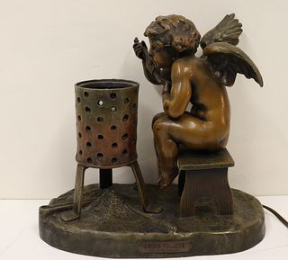 Antique Bronze Lamp with Winged Cherub.