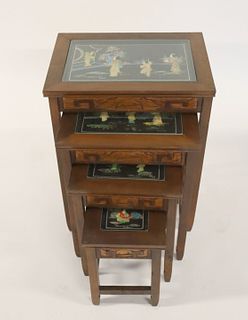 Set of Vintage Asian Nesting Tables Decorated With