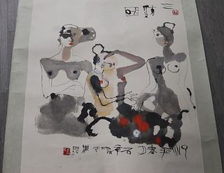 Contemporary Chinese Painting of 3 Female Nudes.