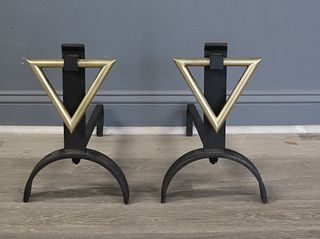 Donald Deskey Style Andirons With Brass Crown