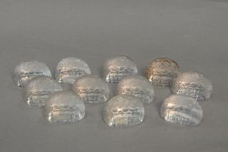 Eleven Lalique "Panier De Fruits" Place Cards or Menu Holders etched and frosted glass in the form of a basket of fruit marked R. Lalique height 1 1/2