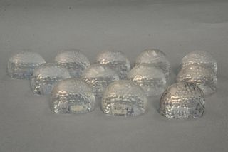 Twelve Lalique "Panier De Fruits" Place Cards or Menu Holders etched and frosted glass in the form of a basket of fruit marked R. Lalique, France heig