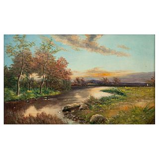 Anónimo. Vista de paisaje con río. Óleo sobre tabla. Enmarcado. 35 x 58 cm