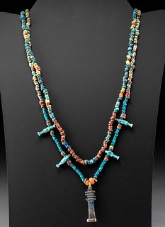 Egyptian Faience Bead Necklace w/ Lapis Djed Pillar