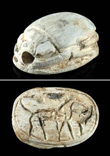 Egyptian Faience Steatite Scarab Amulet w/ Feline