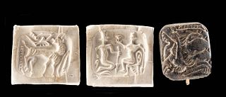 Ancient Assyrian Steatite Stamp Seal - Men & Deer