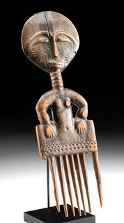 20th C. Ghana Ashanti Wood Carved Figural Comb (Duafe)