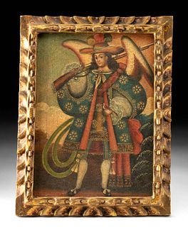 18th C. Spanish Colonial Painting Archangel w/ Harqebus