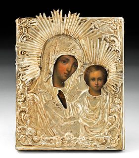 19th C. Russian Icon w/ Silver Oklad - Virgin & Child