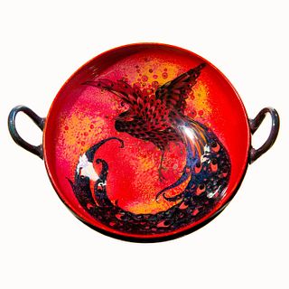 Royal Doulton Sung Flambe Two Handle Tazza with Bird Painted in Gold to Center.