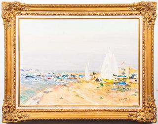 Gaston Sébire "Beach Scene" Large Oil on Canvas