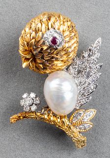 Vintage 18K Gold Diamond, Pearl & Ruby Bird Brooch