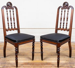 Carved Oak Side Chairs with Dolphin Crests, Pair