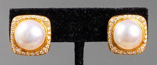 18K Yellow Gold Diamond & Mabe Pearl Clip Earrings