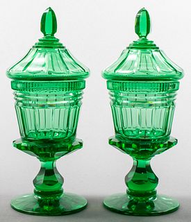 Green Cut Crystal Covered Jars, 19th C.