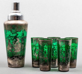 Green Glass Silver Overlay Shaker & Tumblers, 6