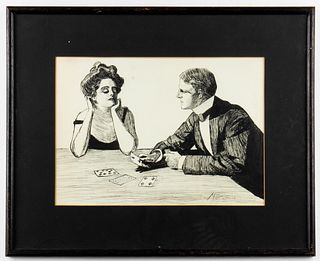 M. T. Cleaver Signed "The Card Game" Ink Drawing