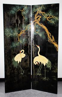 Japanese Black Lacquer Two Panel Floor Screen