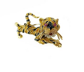 18k Gold, Rubies & Diamonds Enamel Tiger Brooch