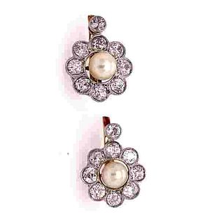 Art Nouveau 18k Rosetta Diamonds Pearl Earrings