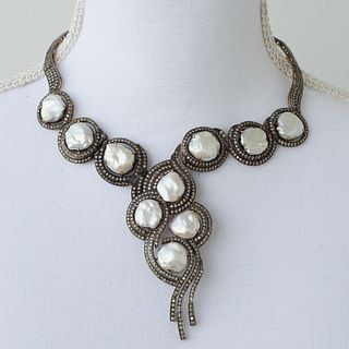Stainless Steel 14k Diamond Mabe Pearl Necklace