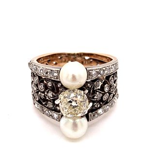Art Nouveau 18k Platinum Diamond Pearl Ring