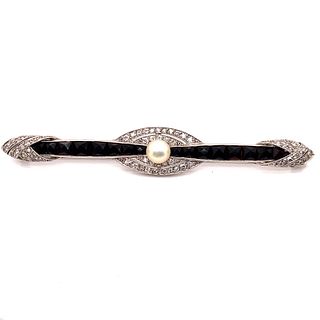Art Deco Platinum Diamond Onyx Pearl Brooch
