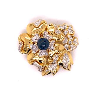 18K Diamond Sapphire Flower Motif Broach