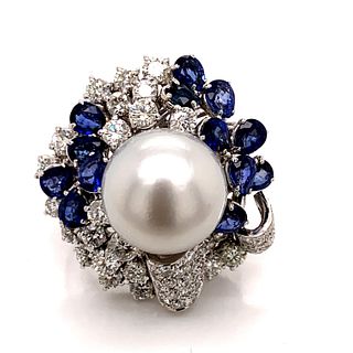18k Sapphire Diamond Pearl Ring