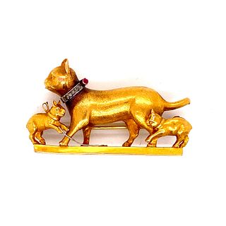 18k Gold Art Nouveau Playing Cats Brooch