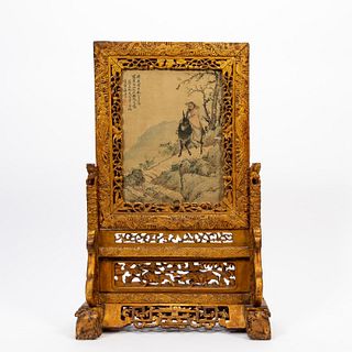 CHINESE FIGURAL PAINTING IN GILT WOOD TABLE SCREEN