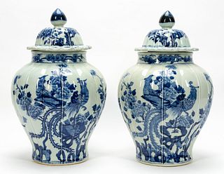 PAIR, CHINESE LIDDED URNS, BLUE & WHITE