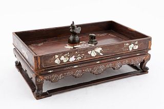 ASIAN OPIUM TRAY WITH TWO FIGURAL WEIGHTS