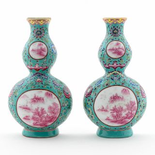 PAIR, CHINESE FAMILLE ROSE LANDSCAPE WALL POCKETS