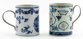 GROUP, TWO CHINESE EXPORT MUGS WITH METAL HANDLES
