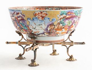 CHINESE EXPORT ROSE MANDARIN PUNCH BOWL WITH STAND