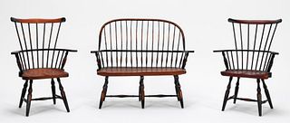 3 PCS, MINIATURE WINDSOR BENCH & PAIR OF CHAIRS