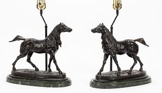 PAIR, BRONZE HORSE LAMPS ON GREEN MARBLE BASES