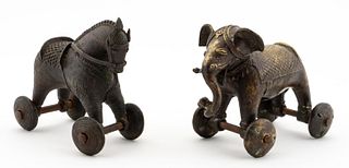 TWO INDIAN COPPER ALLOY ANIMAL FIGURES ON WHEELS