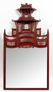 RED LACQUERED & GILT PAGODA FORM WALL MIRROR