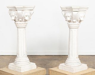 PAIR, LIONS HEAD MARBLE FLUTED PEDESTALS