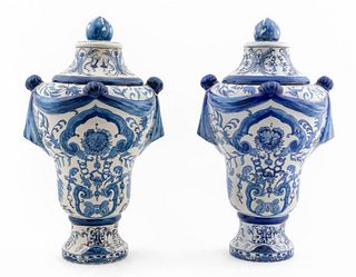 PAIR, DELFT STYLE BLUE & WHITE LIDDED MANTLE URNS